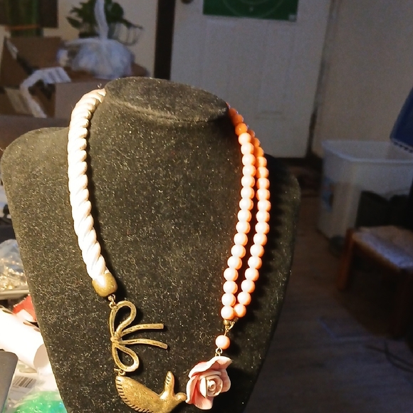 Jewelry - Gold and Pink Beaded Necklace with Bird Pendant